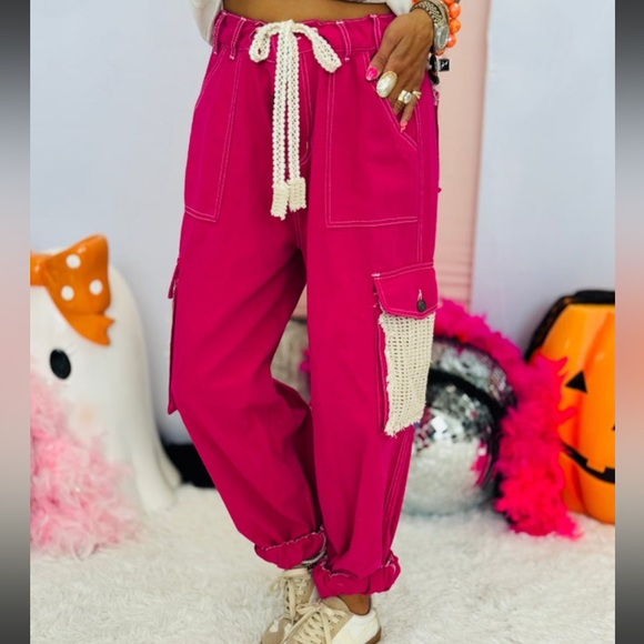 POL Pants - POL Fuchsia Drawstring Cargo Joggers with Crochet Pocket